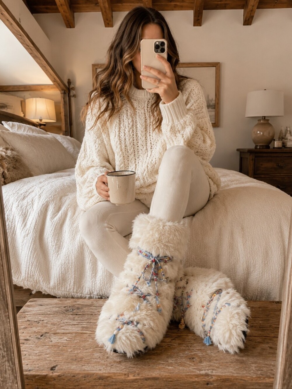 NEW! Free People Apres All Day White Beaded Furry Festival Boot Size 9